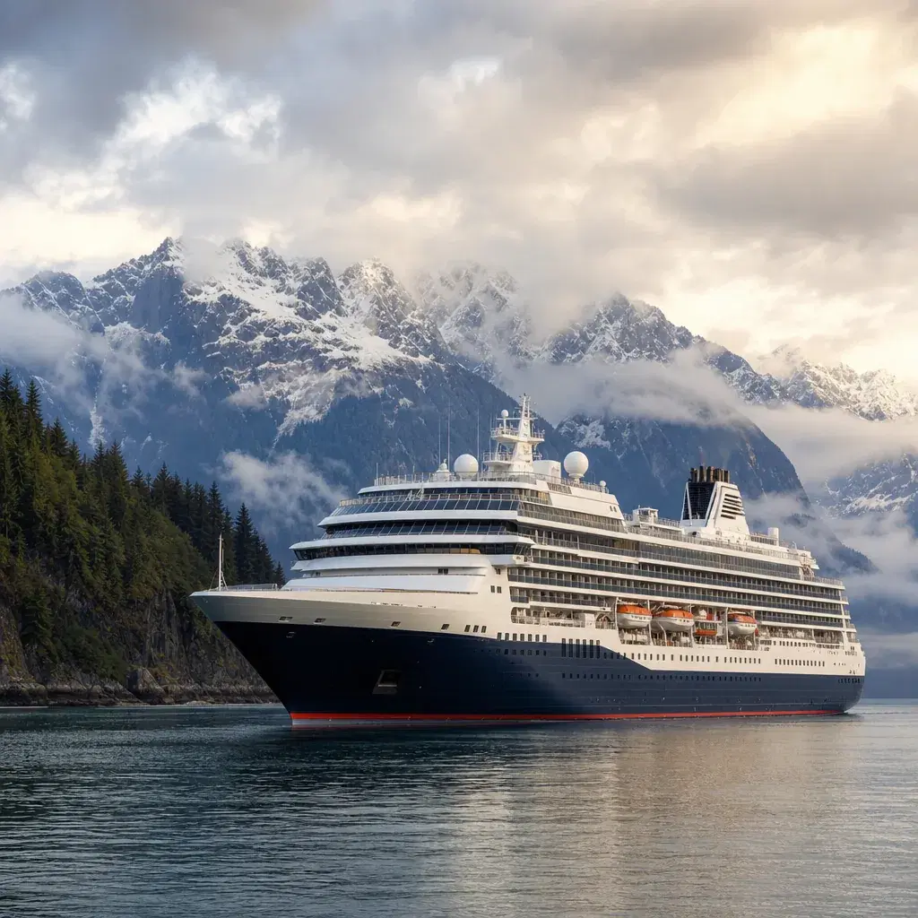 Realistic editorial photo of Alaska cruise scene showing based only on cruise line ads, misty mountains and ship details