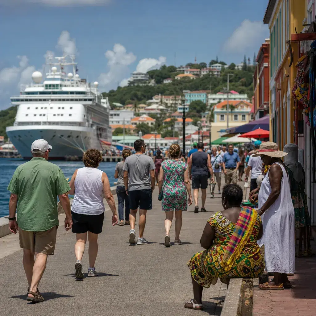 Realistic editorial photo of Grenada cruise port waterfront with visitors, local streets, and ship-day energy, warm natu