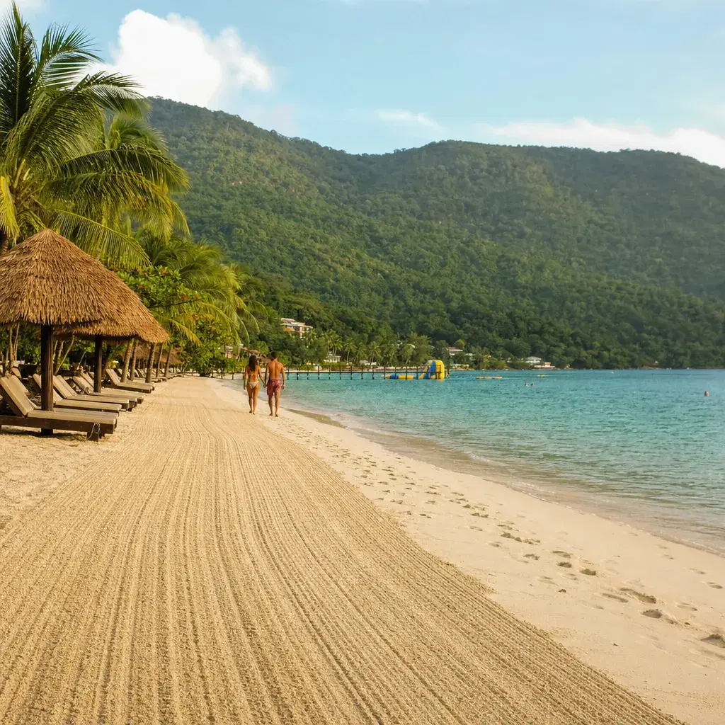 Realistic editorial photo of Jamaica all-inclusive resort scene showing how often the beach is raked, beach and tropical
