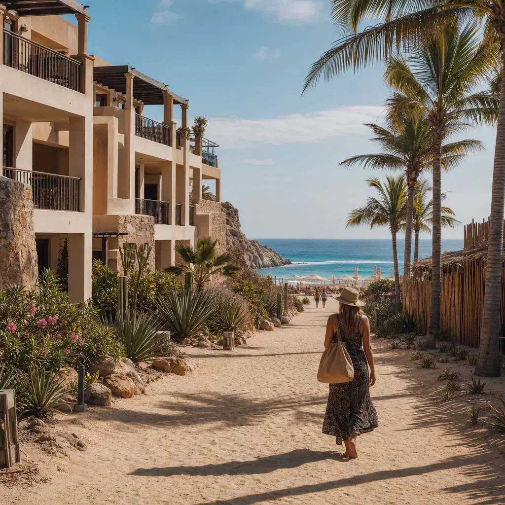 Realistic editorial photo of Mexico resort scene showing that beachfront can mean a long walk, beach resort setting, war