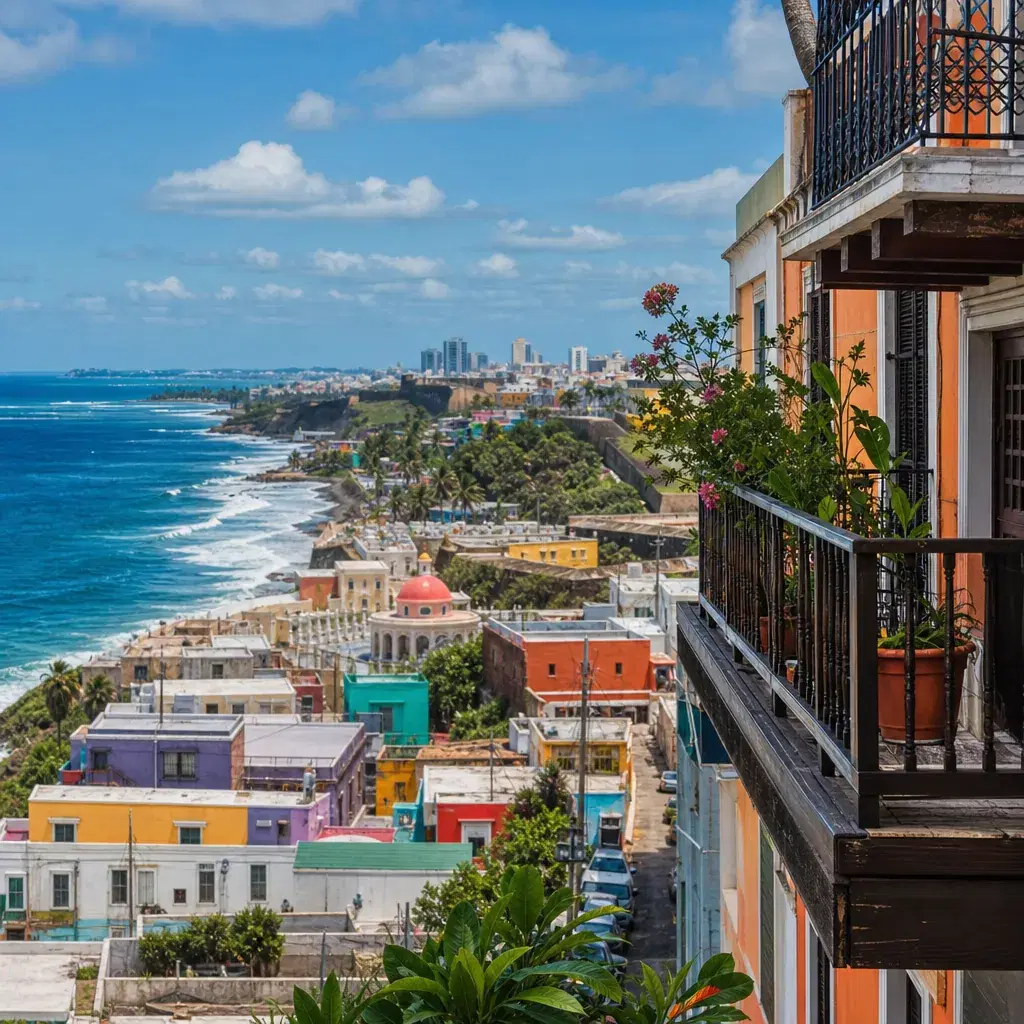 Realistic editorial photo of Puerto Rico travel scene showing trying to see the whole island in three days, colorful str