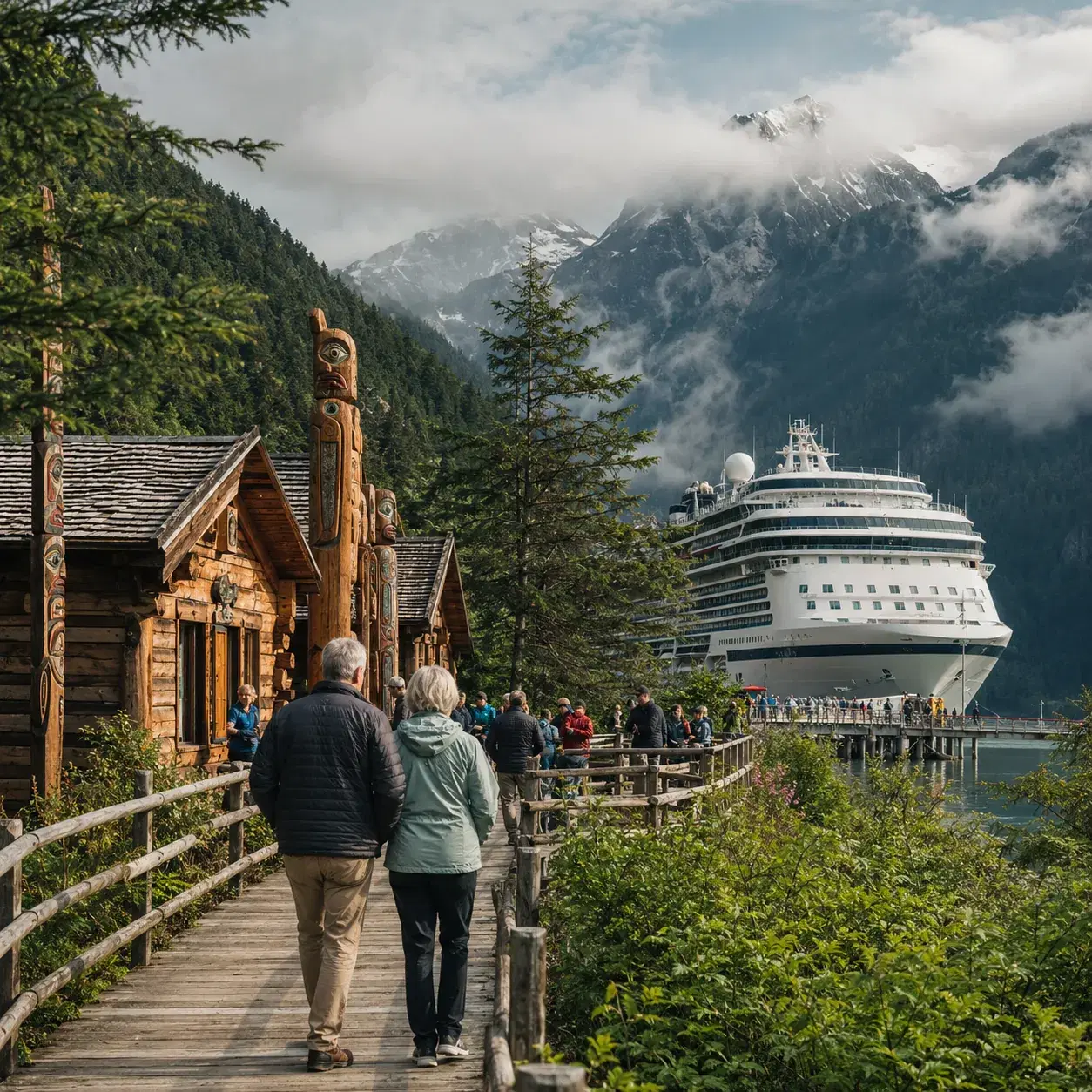 Realistic editorial photo of Alaska cruise scene showing local museums and small walks, misty mountains and ship details