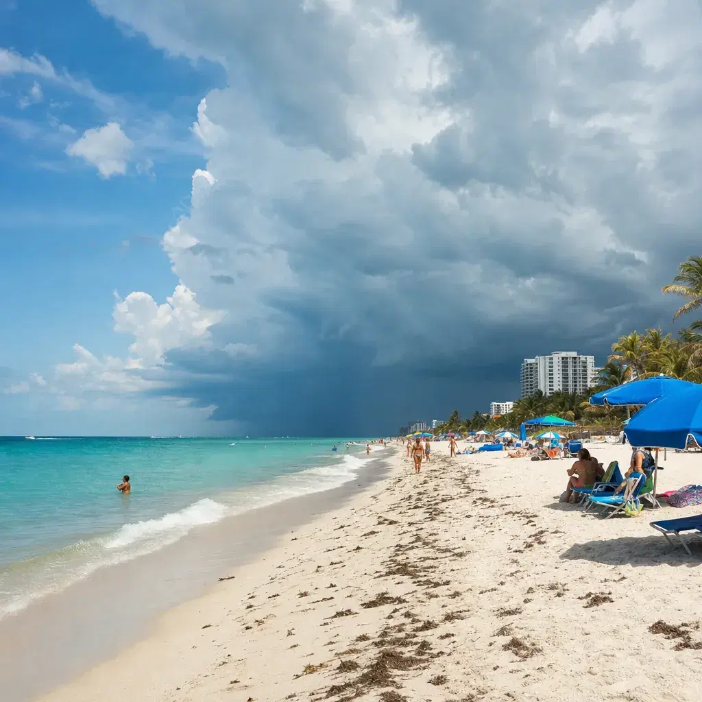 Realistic editorial photo of Florida beach vacation scene showing peak rates for thunderstorm season, bright coastal set