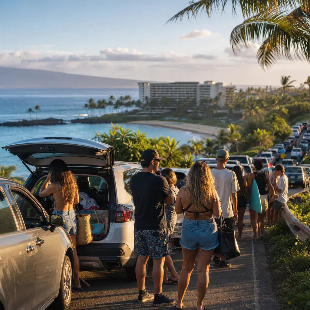 Realistic editorial photo of Hawaii resort scene showing chasing instagram beaches with no parking plan, tropical beach 