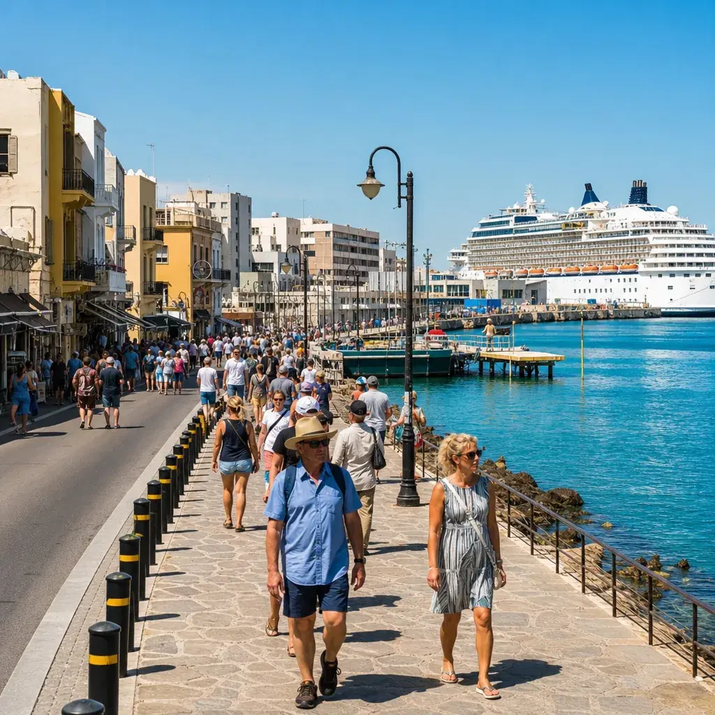 Realistic editorial photo of Heraklion, Crete cruise port waterfront with visitors, local streets, and ship-day energy,