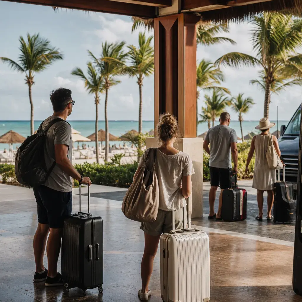 Realistic editorial photo of Punta Cana all-inclusive resort scene showing airport transfers can be slow, palms and reso