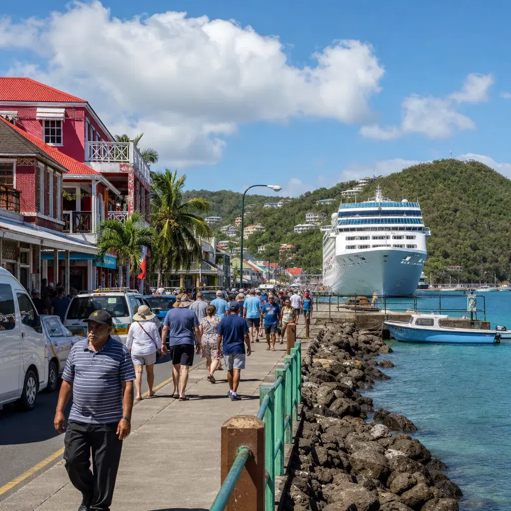 Realistic editorial photo of St. Lucia cruise port waterfront with visitors, local streets, and ship-day energy, warm na