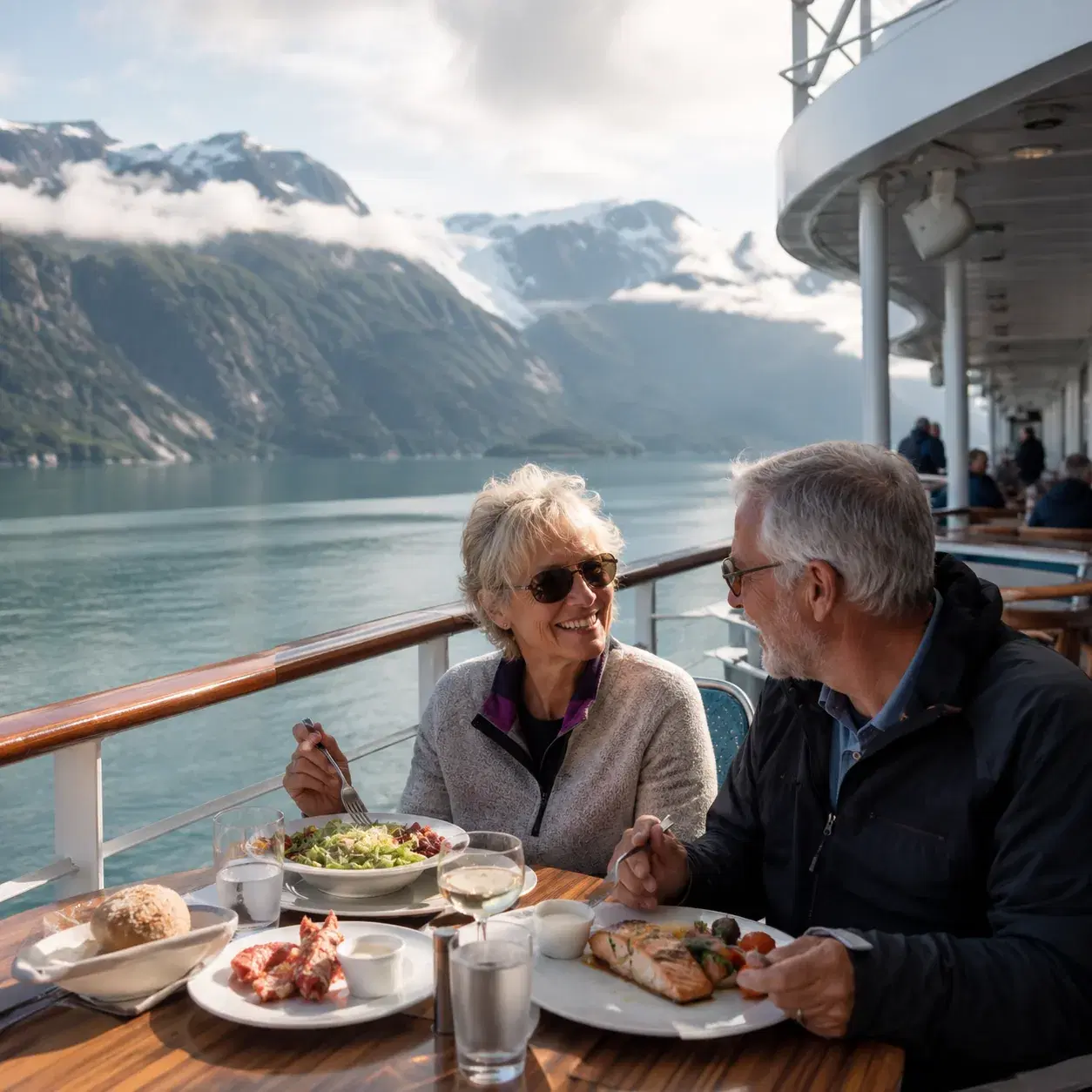 Realistic editorial photo of Alaska cruise scene showing eating lunch onboard every port day, misty mountains and ship d
