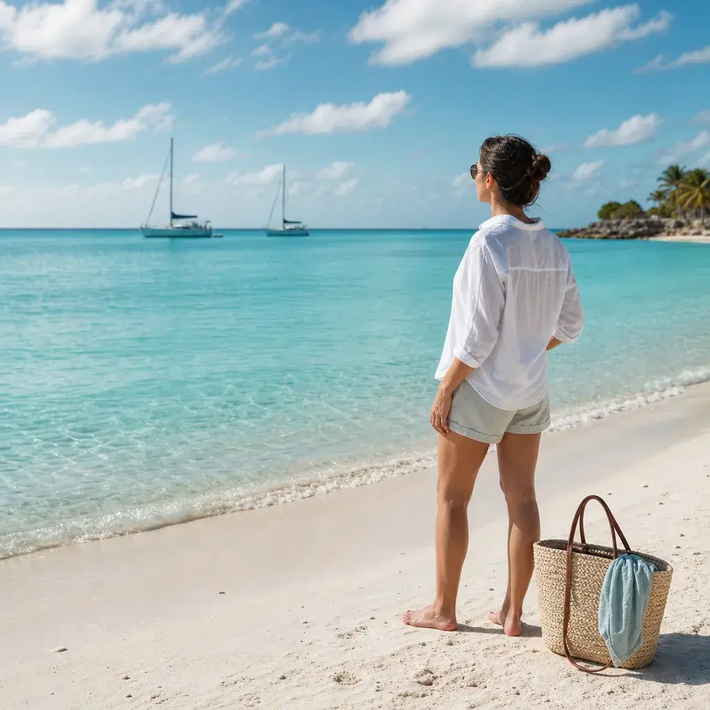 Realistic editorial photo of Aruba beach scene showing thinking one happy island means zero planning, dry island light a