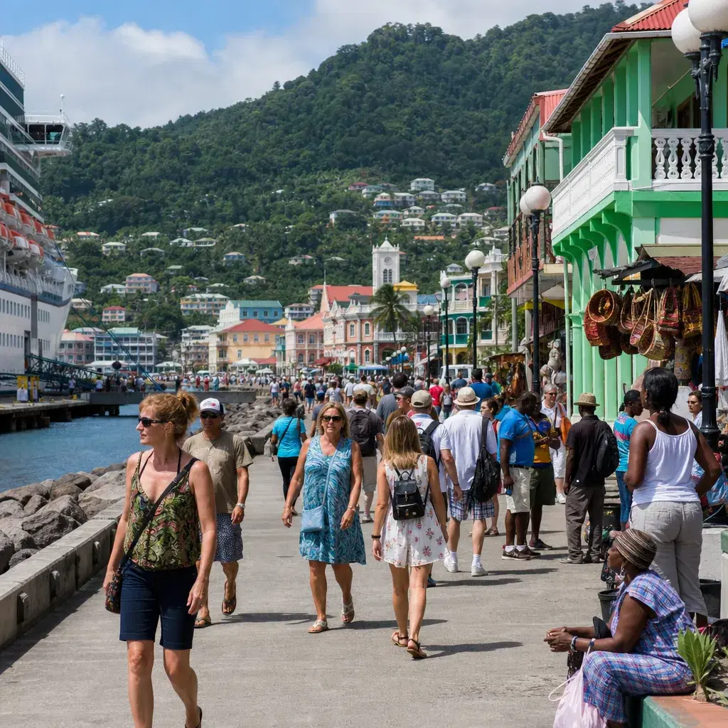 Realistic editorial photo of Dominica cruise port waterfront with visitors, local streets, and ship-day energy, warm nat