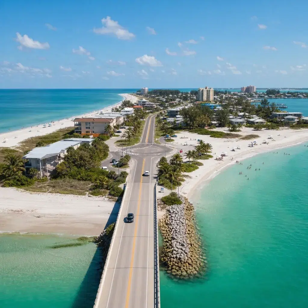 Realistic editorial photo of Florida beach vacation scene showing barrier island with one traffic exit, bright coastal s