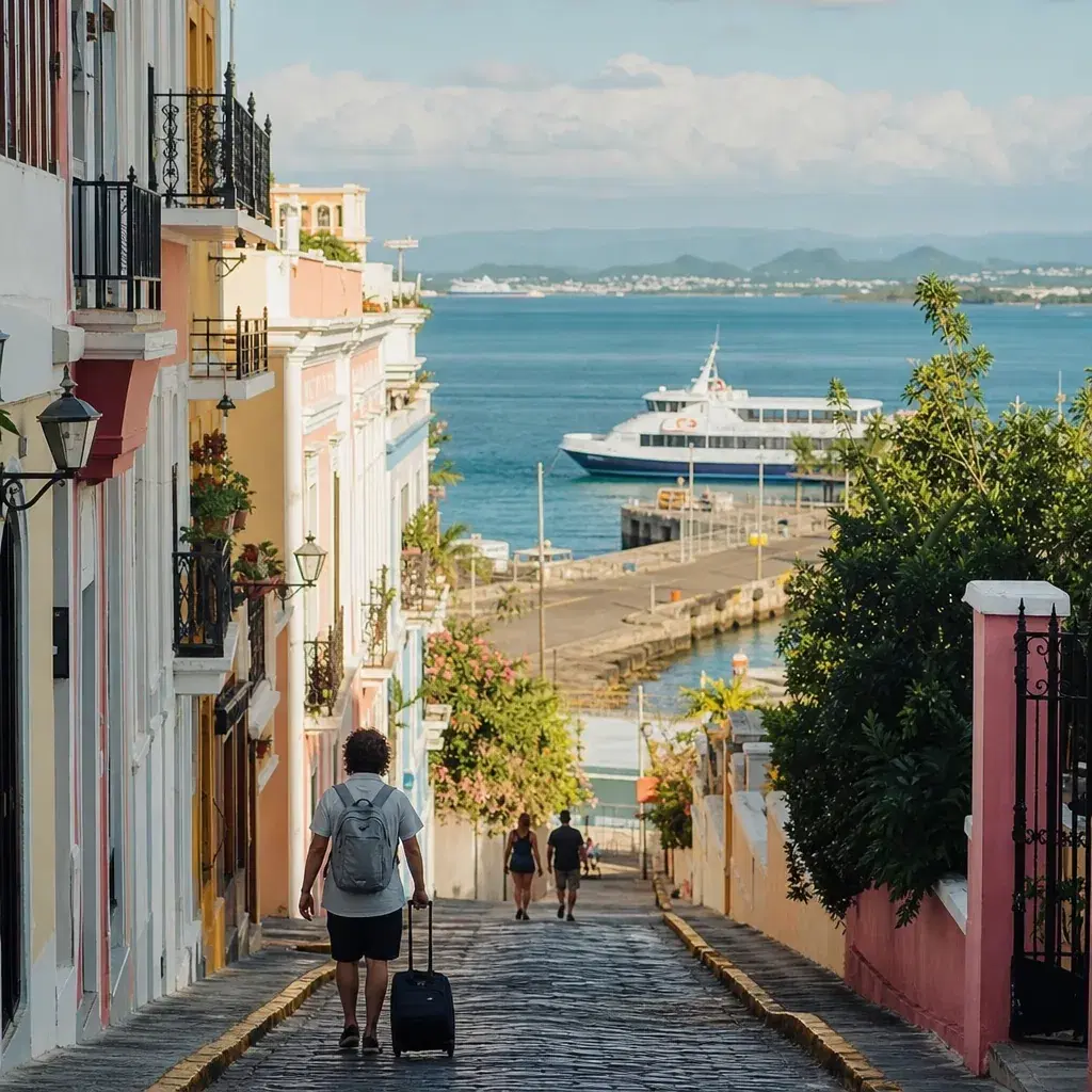 Realistic editorial photo of Puerto Rico travel scene showing it is easy to reach, not automatically easy, colorful stre