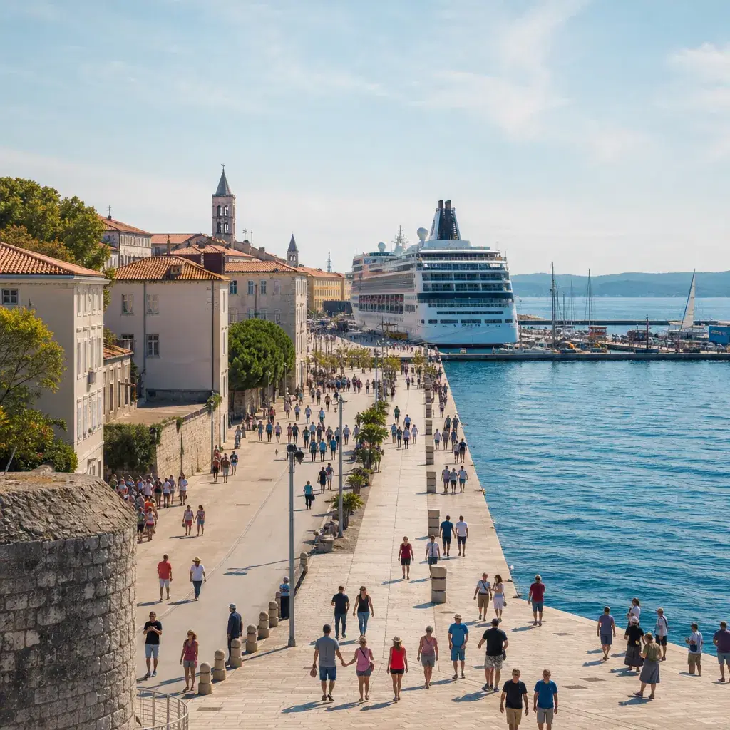Realistic editorial photo of Zadar, Croatia cruise port waterfront with visitors, local streets, and ship-day energy, wa