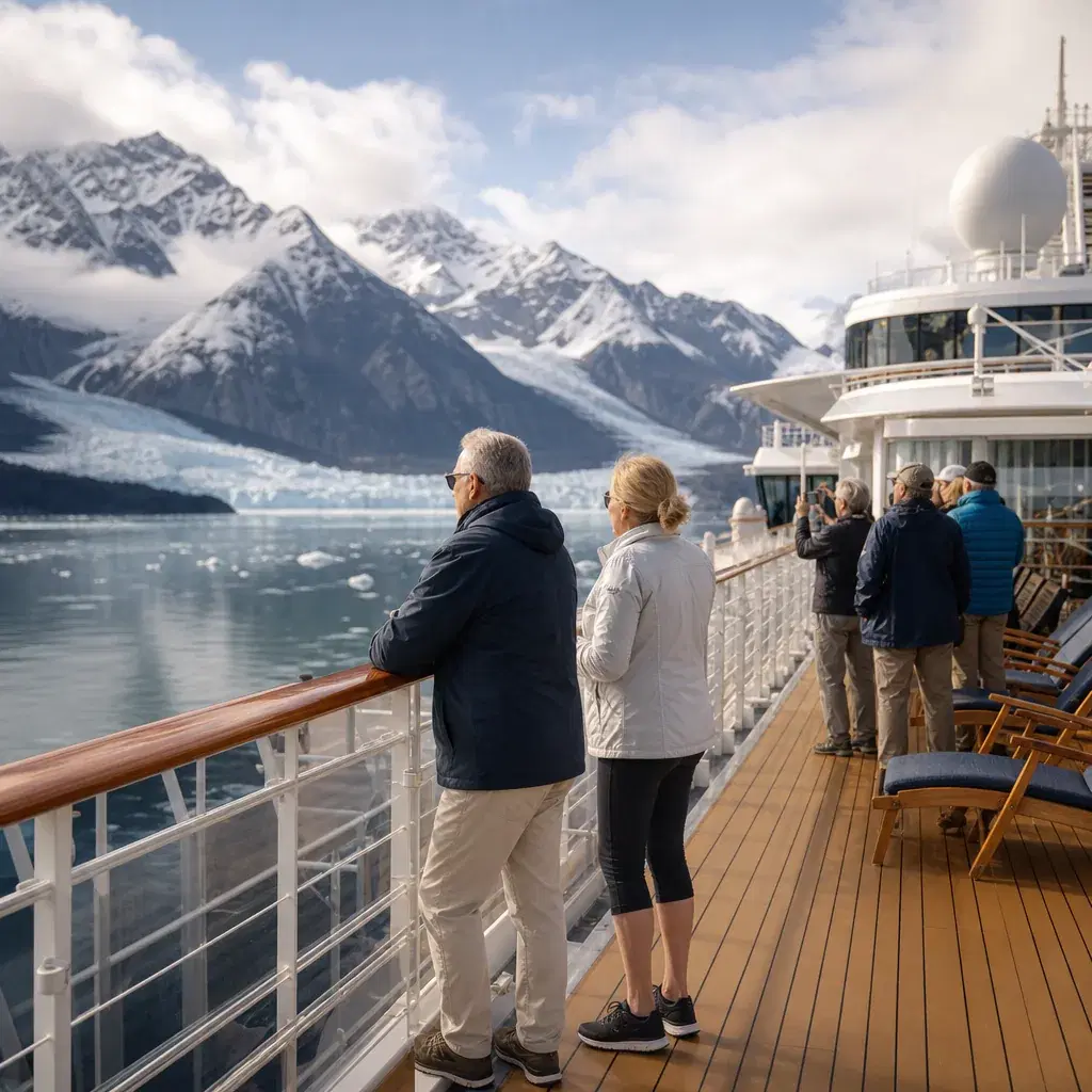 Realistic editorial photo of Alaska cruise scene showing alaska like a caribbean cruise with jackets, misty mountains an