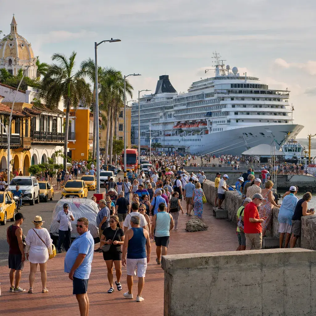 Realistic editorial photo of Cartagena, Colombia cruise port waterfront with visitors, local streets, and ship-day energ