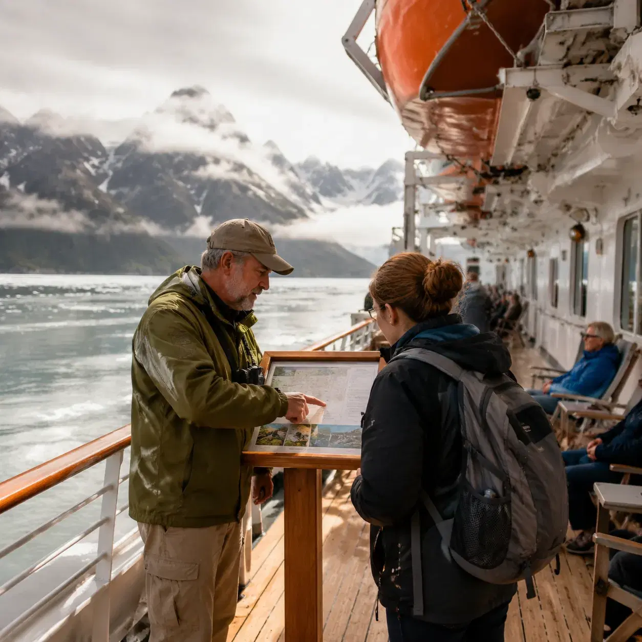 Realistic editorial photo of Alaska cruise scene showing until onboard to learn the naturalist schedule, misty mountains