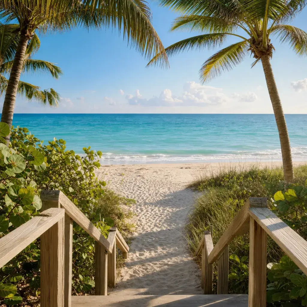Realistic editorial photo of Florida beach vacation scene showing listing say steps to beach without measuring, bright c