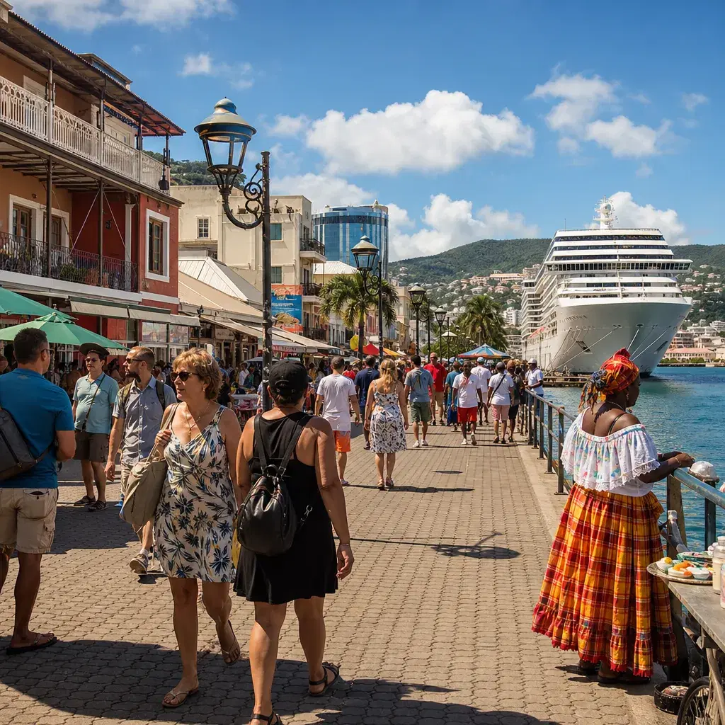 Realistic editorial photo of Martinique cruise port waterfront with visitors, local streets, and ship-day energy, warm n