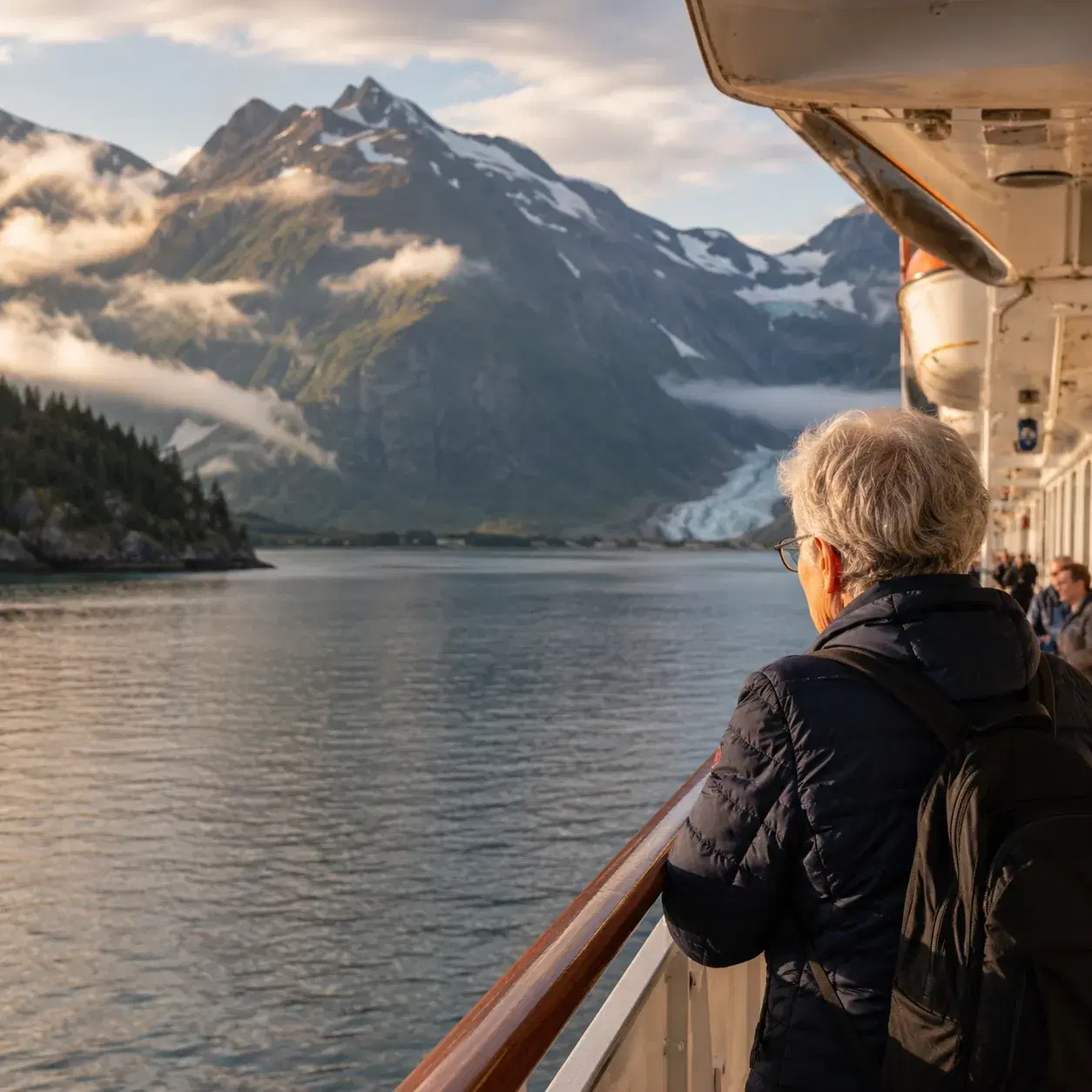 Realistic editorial photo of Alaska cruise scene showing saving money by cutting the one excursion that matters, misty m