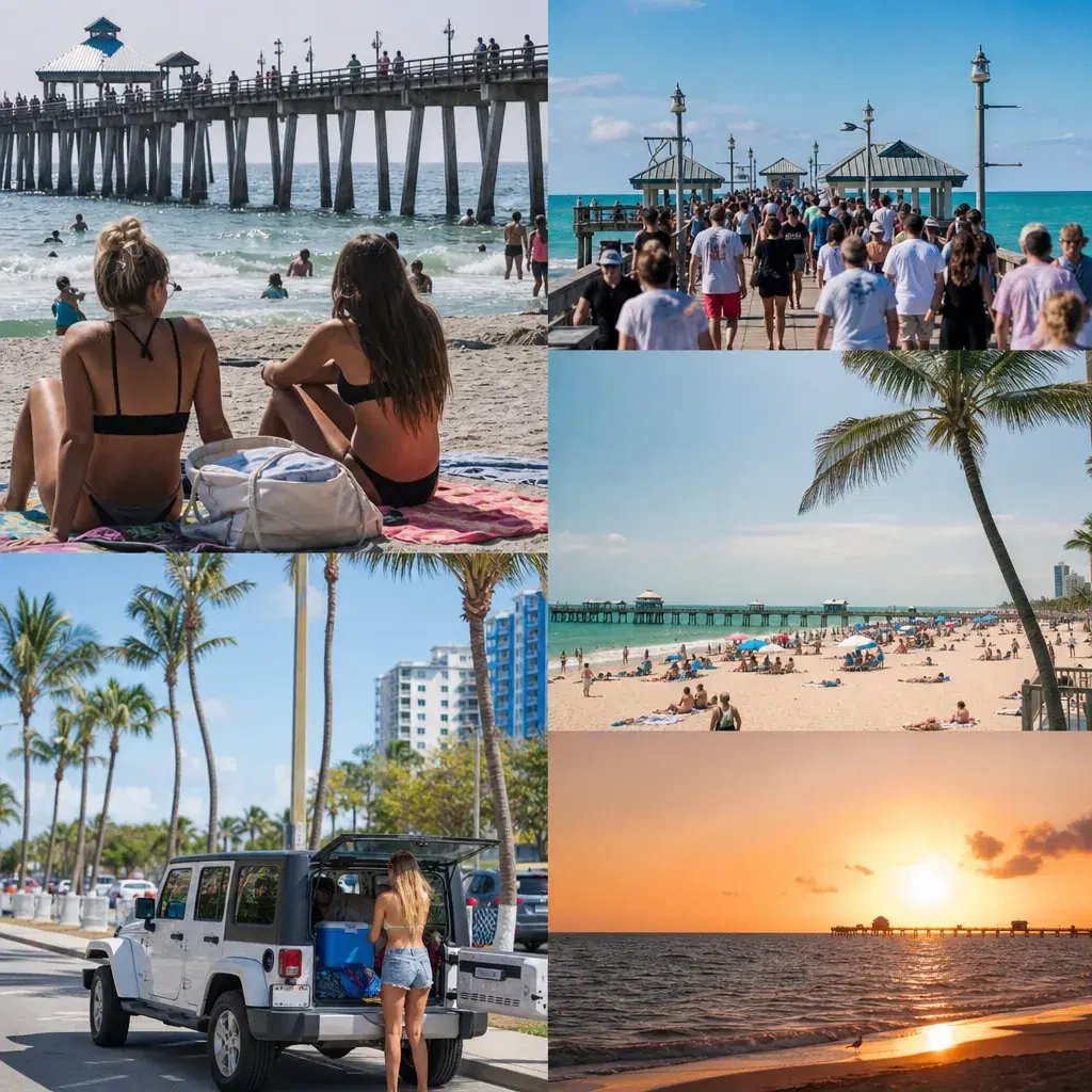 Realistic editorial photo of Florida beach vacation scene showing whole trip around a crowded pier, bright coastal setti
