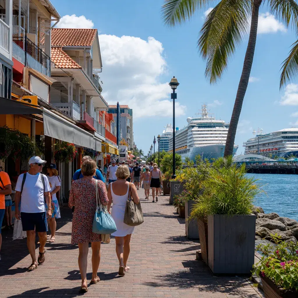 Realistic editorial photo of Guadeloupe cruise port waterfront with visitors, local streets, and ship-day energy, warm n