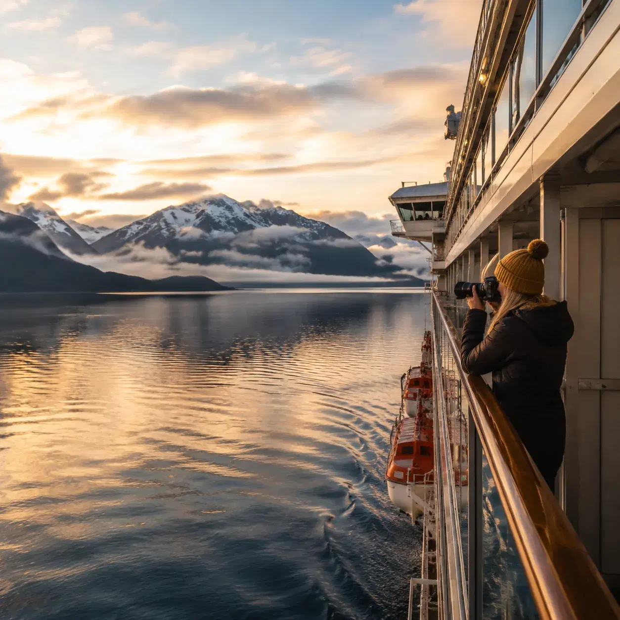 Realistic editorial photo of Alaska cruise scene showing alaska is about timing, not just the ship, misty mountains and