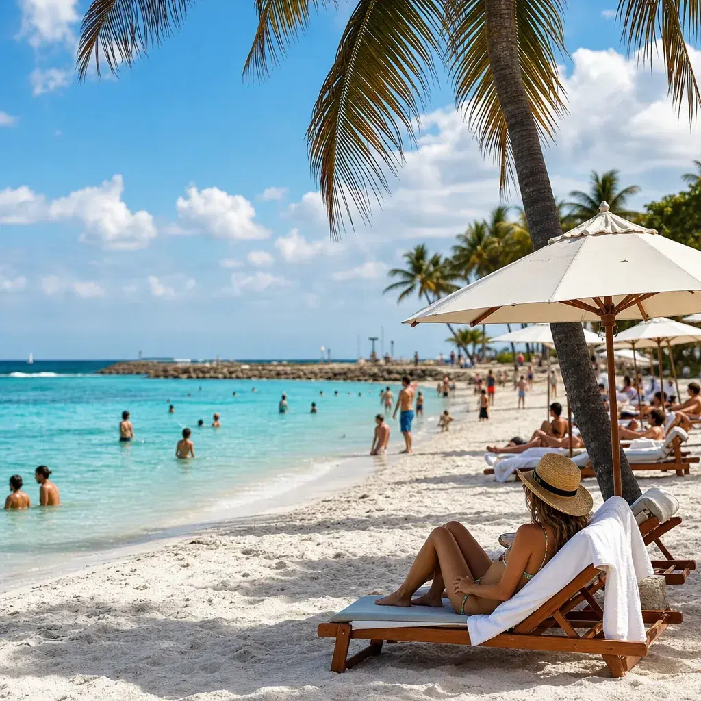 Realistic editorial photo of Florida beach vacation scene showing florida as the cheap caribbean substitute, bright coas