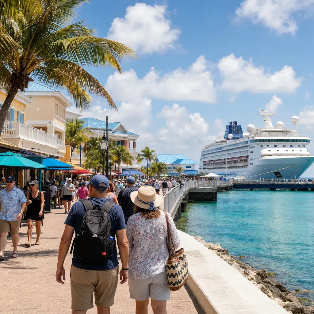 Realistic editorial photo of Grand Cayman cruise port waterfront with visitors, local streets, and ship-day energy, warm