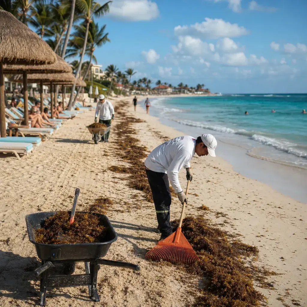 Realistic editorial photo of Mexico resort scene showing whether the seaweed is being managed, beach resort setting, war