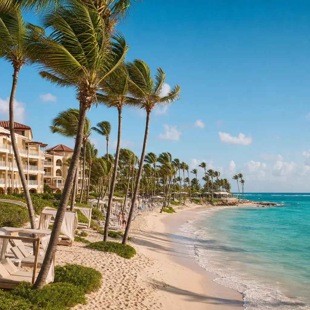 Realistic editorial photo of Punta Cana all-inclusive resort scene showing photo gallery do all the work, palms and reso