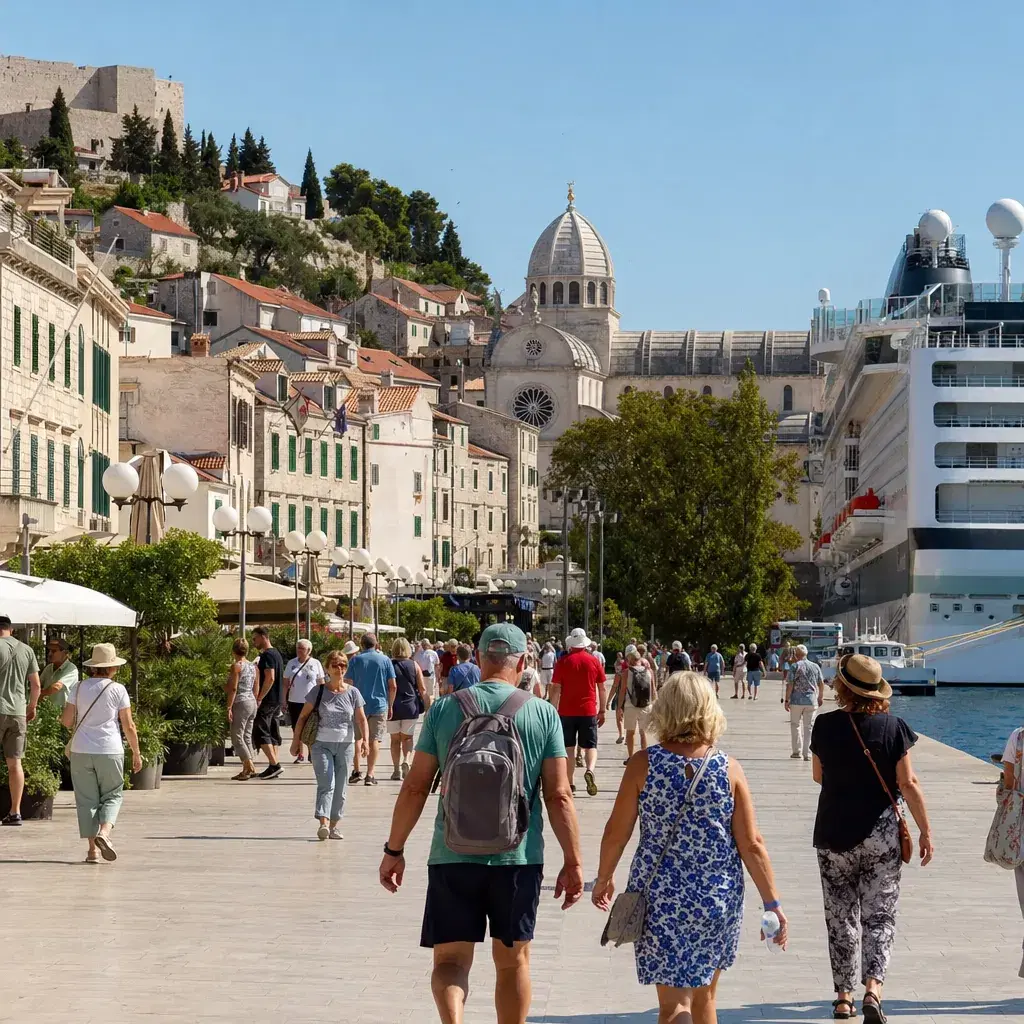 Realistic editorial photo of Sibenik, Croatia cruise port waterfront with visitors, local streets, and ship-day energy,