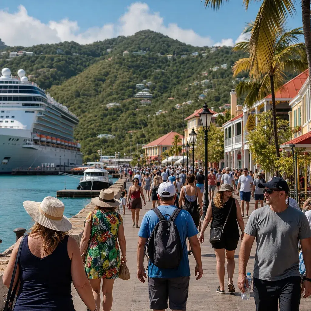 Realistic editorial photo of St. John By Ferry cruise port waterfront with visitors, local streets, and ship-day energy,