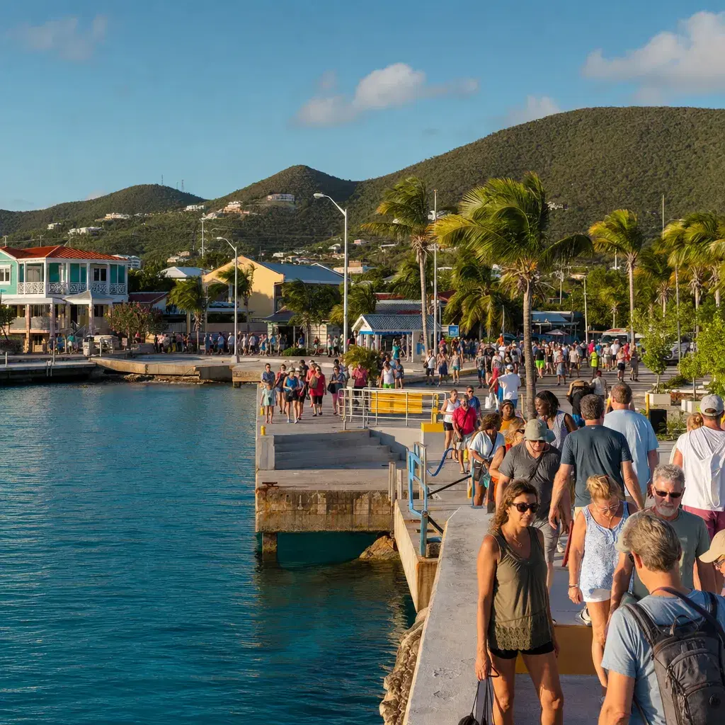 Realistic editorial photo of Virgin Gorda By Ferry cruise port waterfront with visitors, local streets, and ship-day ene
