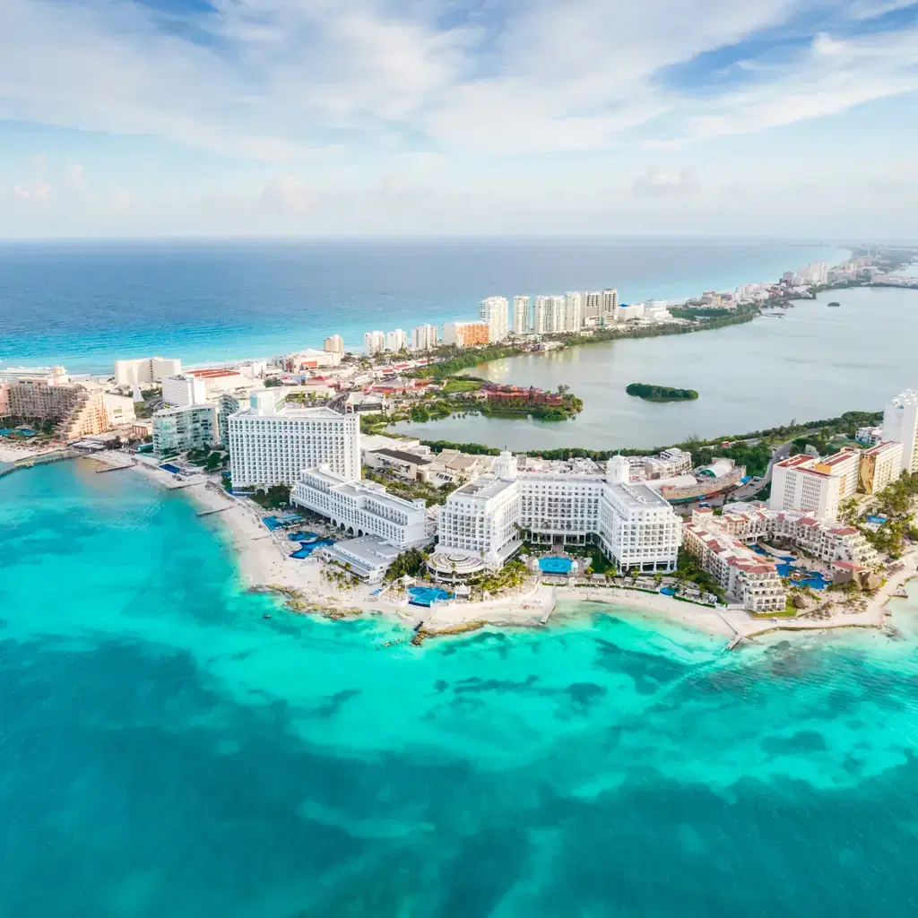 Aerial view of Cancun's hotel zone and Caribbean shoreline