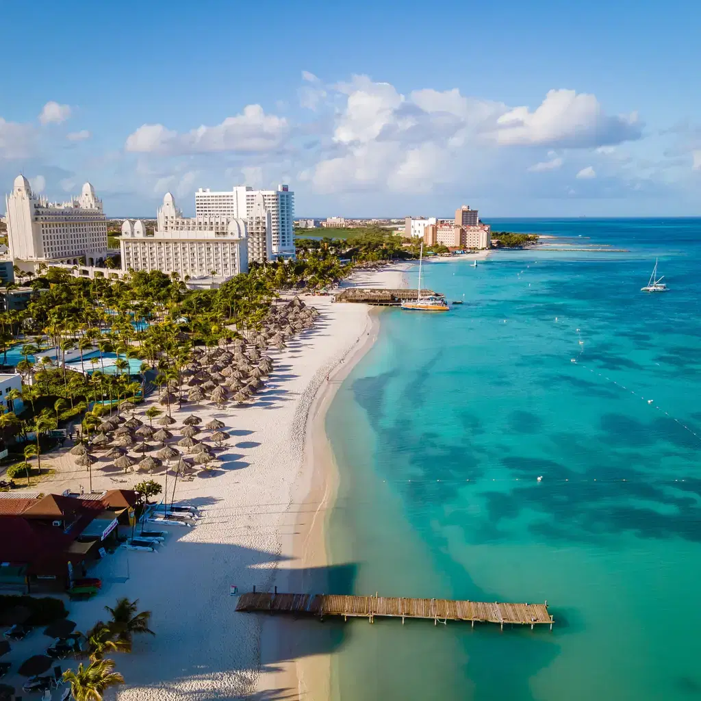 Palm Beach resorts and turquoise water in Aruba