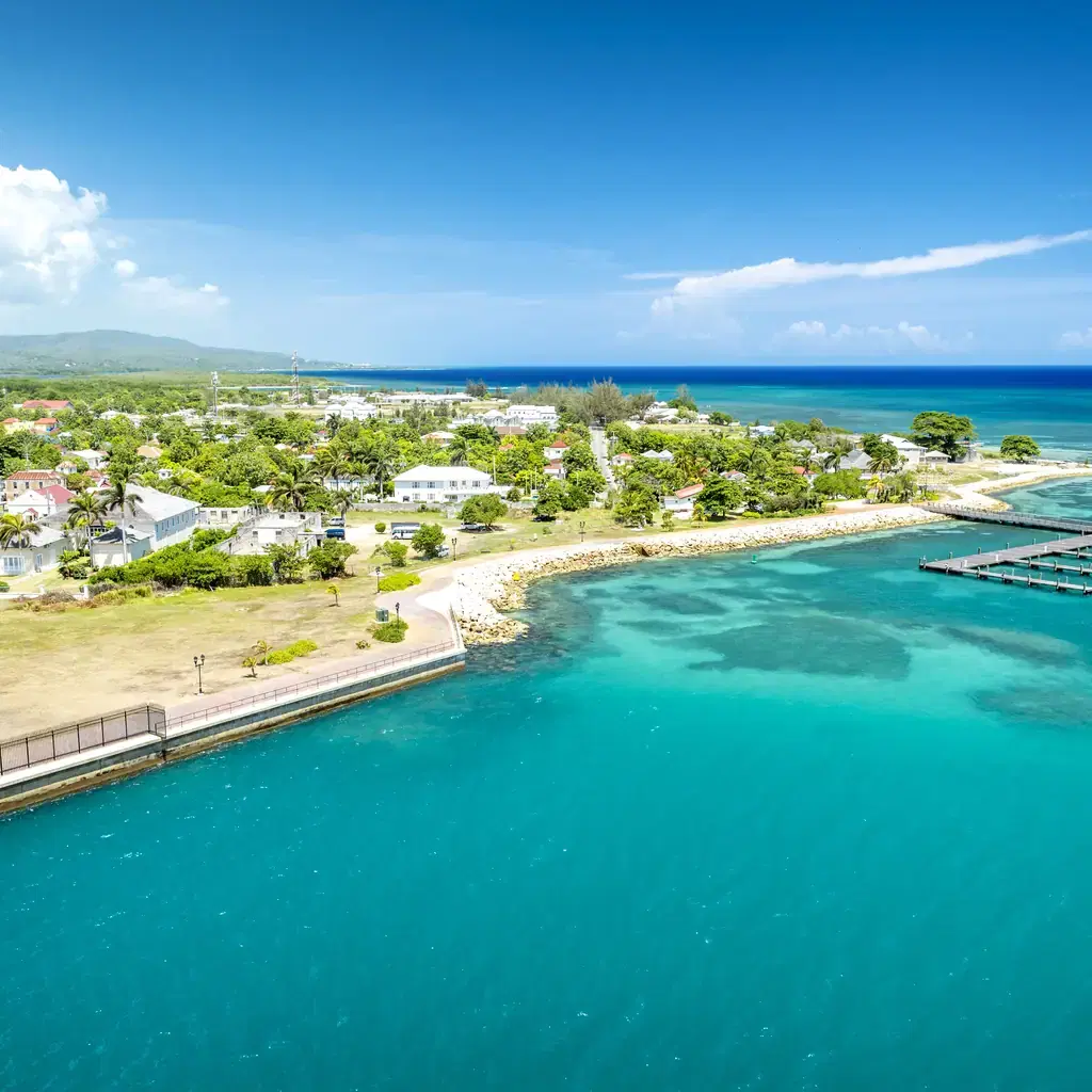 Aerial view of Falmouth port and coastline in Jamaica