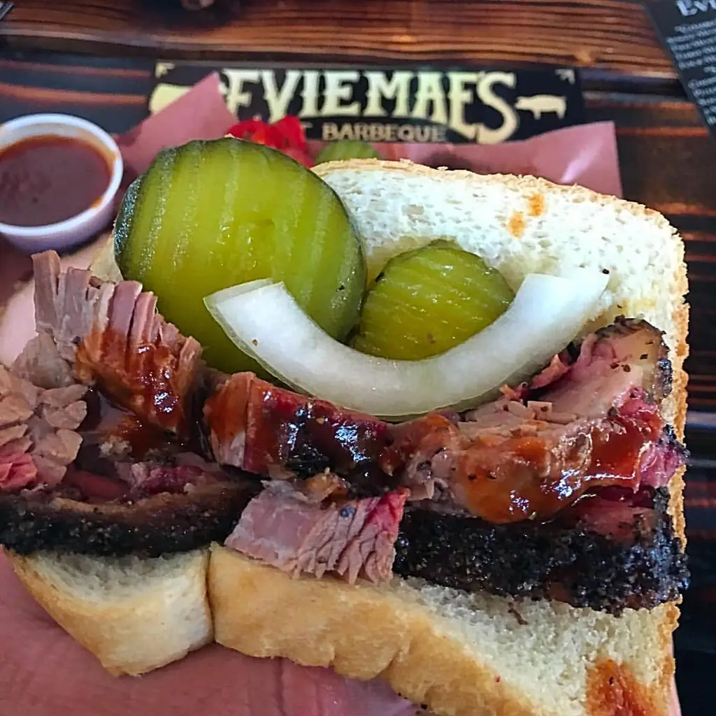 Evie Mae's Pit Barbeque barbecue food, photo credited to @brisketeater on Instagram.