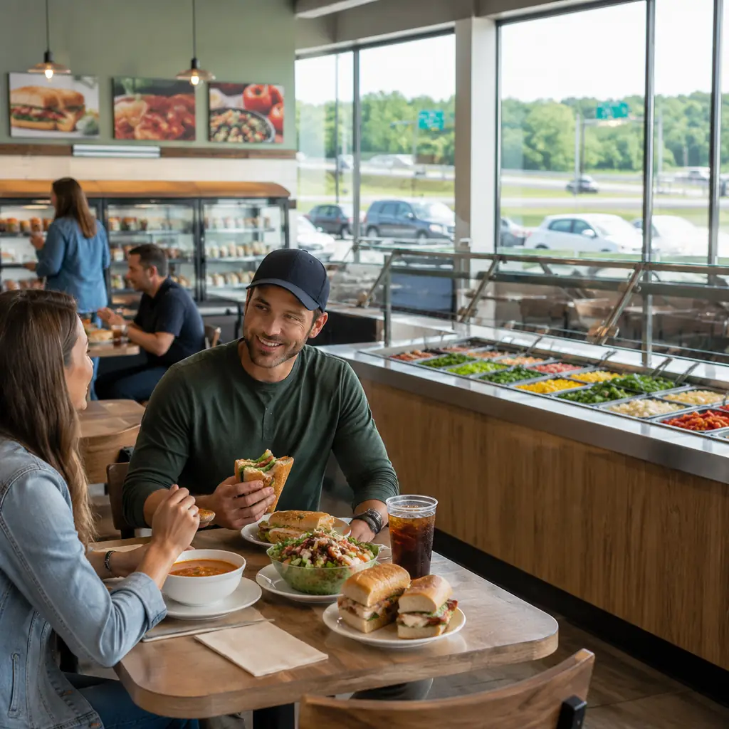 bright generic deli dining room with sandwiches soup and a large fresh salad bar near a highway exit with no logos, real