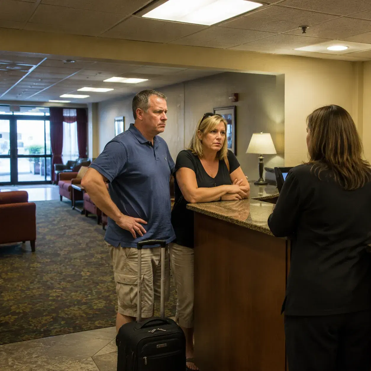 Dated Wingate by Wyndham hotel lobby with worn carpet, outdated furniture, fluorescent lighting, middle-aged American co