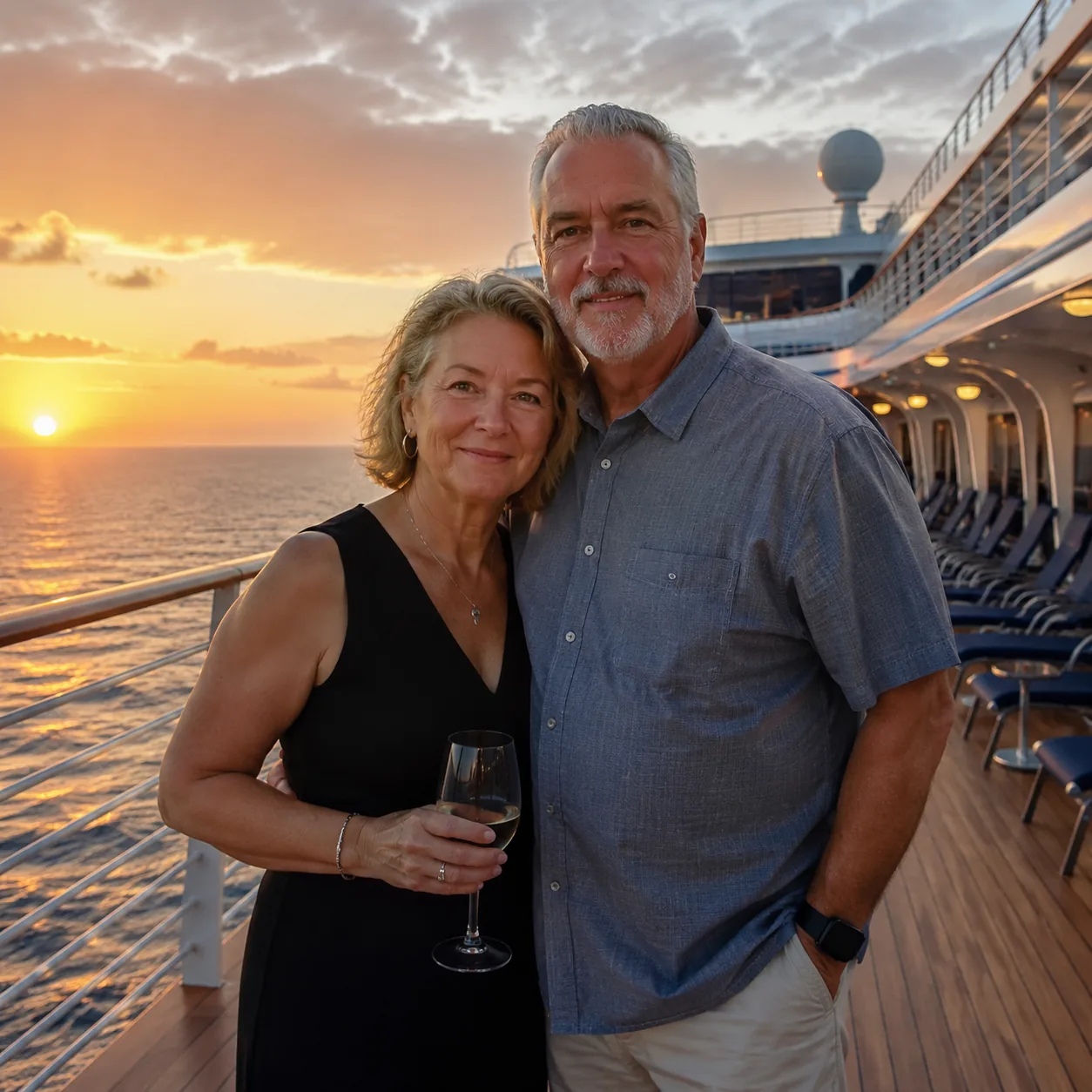Mature couple standing on a quiet cruise ship promenade deck at sunset with deck chairs and ocean in the background