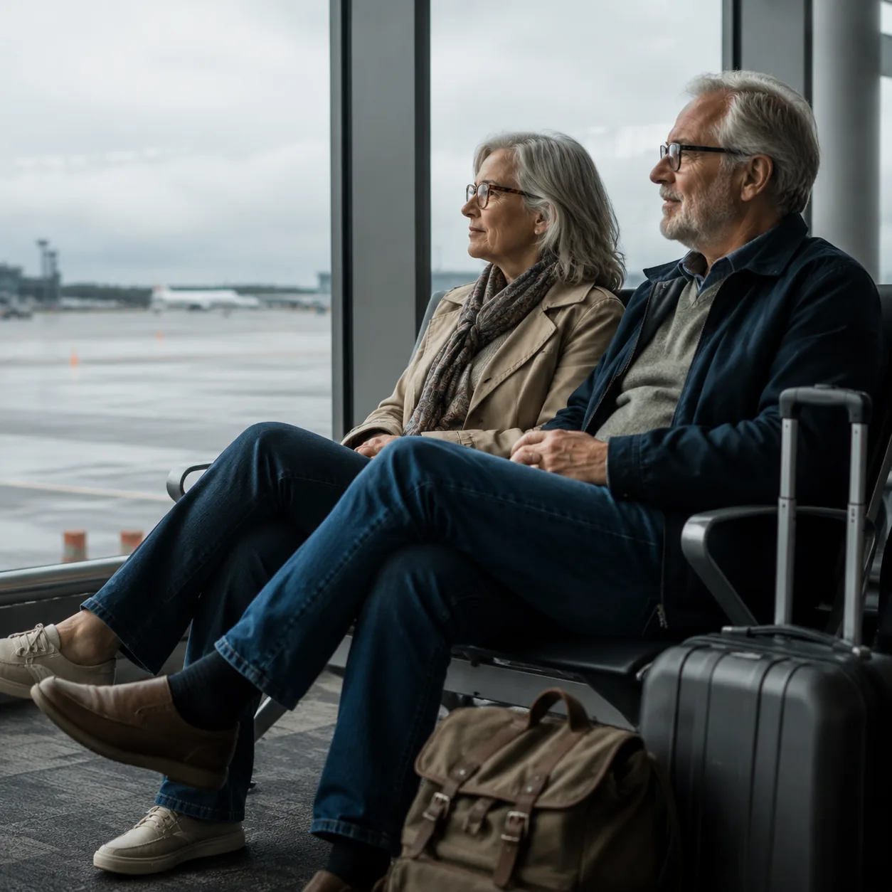 Mature travelers waiting at a quiet airport gate beside carry-on bags, cloudy runway outside large windows, soft natural