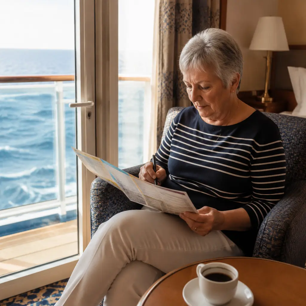 older cruise passenger relaxing in a cabin armchair and marking activities on a folded paper daily program with a pen, o