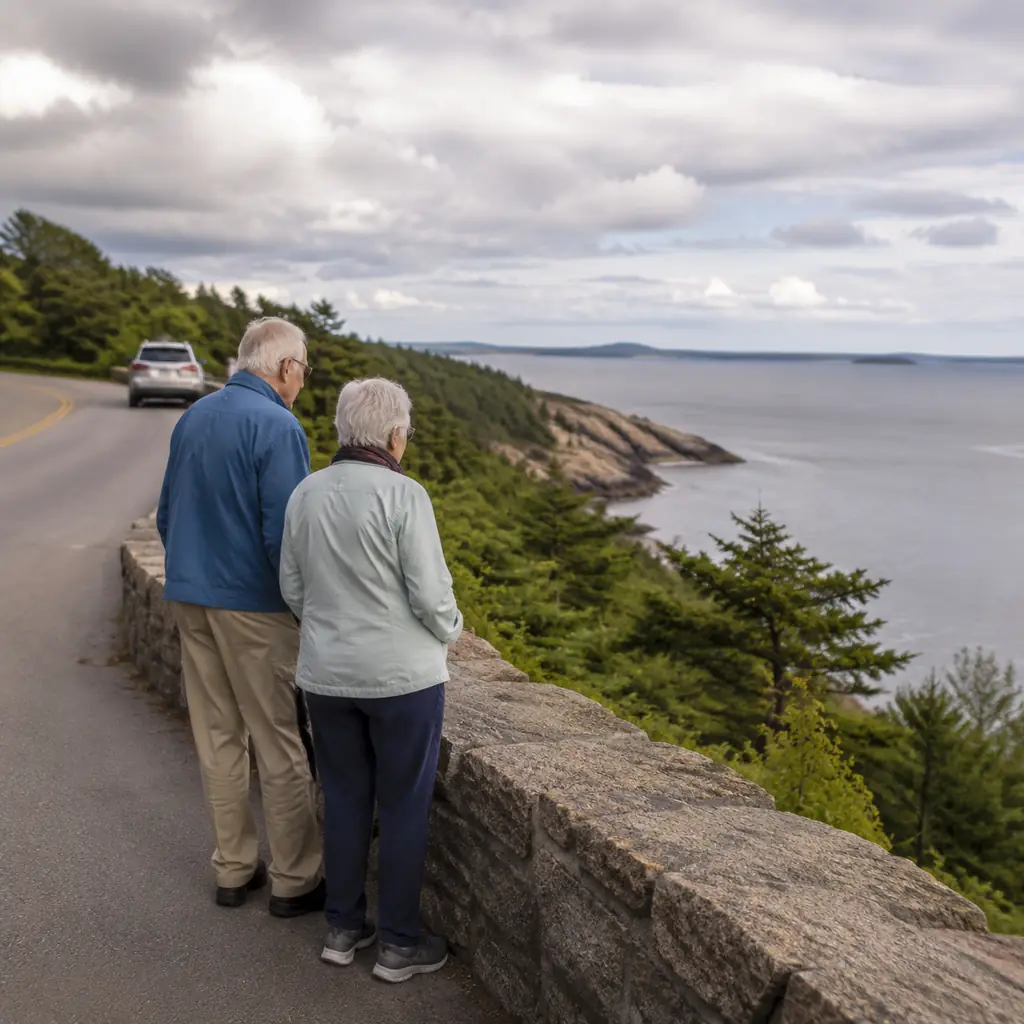 older road trippers at a granite coastal overlook beside Park Loop Road in Acadia Maine on a quiet weekday, realistic tr