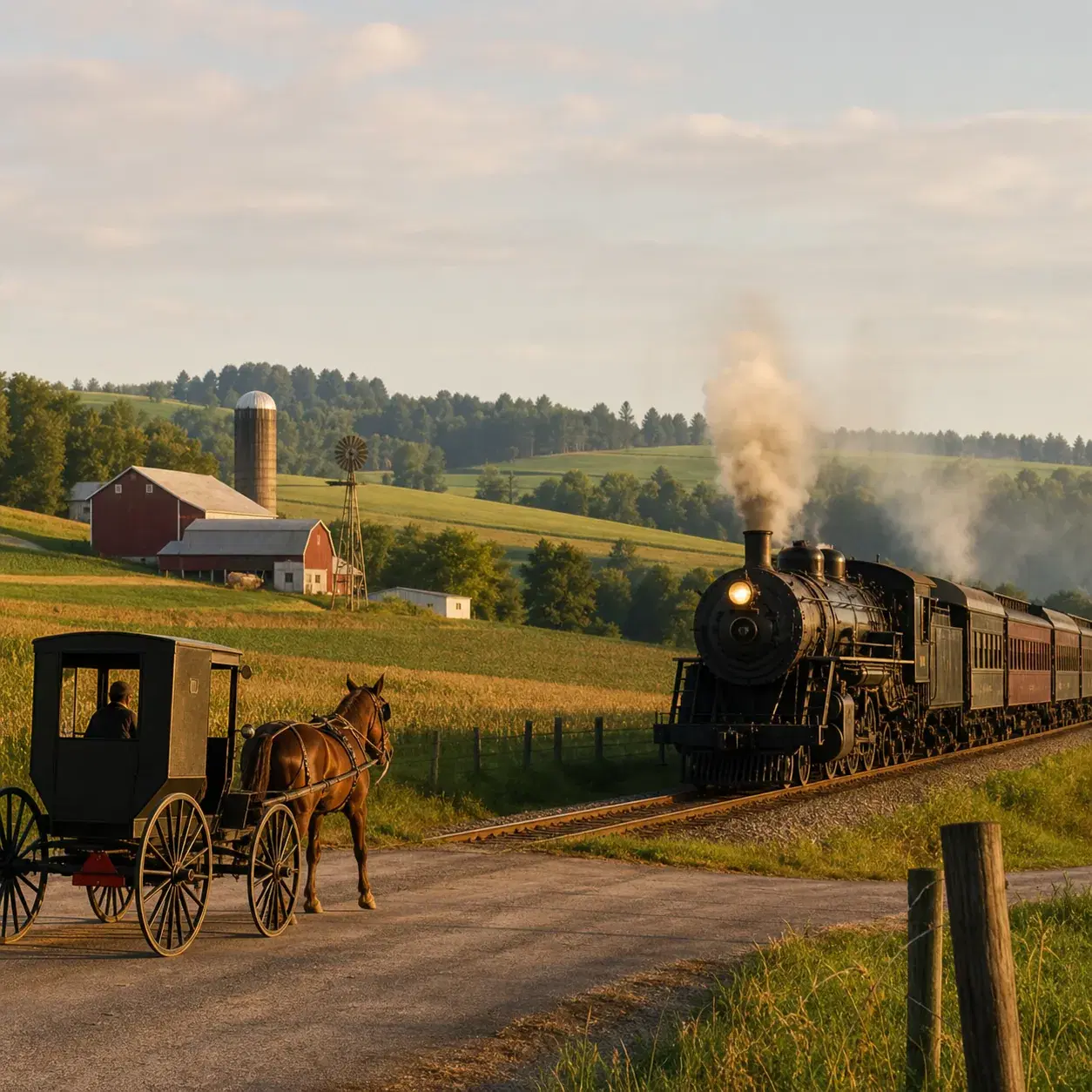 Realistic editorial photo of a historic steam train passing Amish farmland in Lancaster County Pennsylvania with rolling