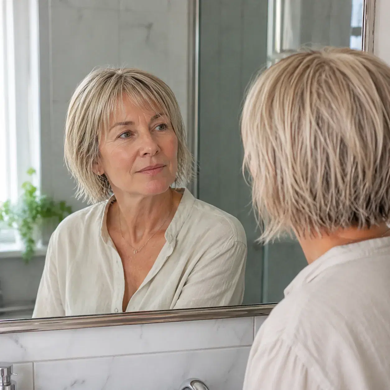 Realistic editorial photo of a woman over 50 looking at a razor-cut bob with wispy uneven ends in a bathroom mirror afte