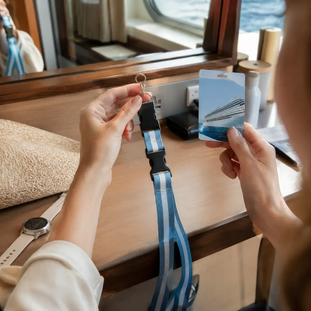 close editorial view of a traveler comparing a simple detachable lanyard with a cruise key card on a cabin desk, realist