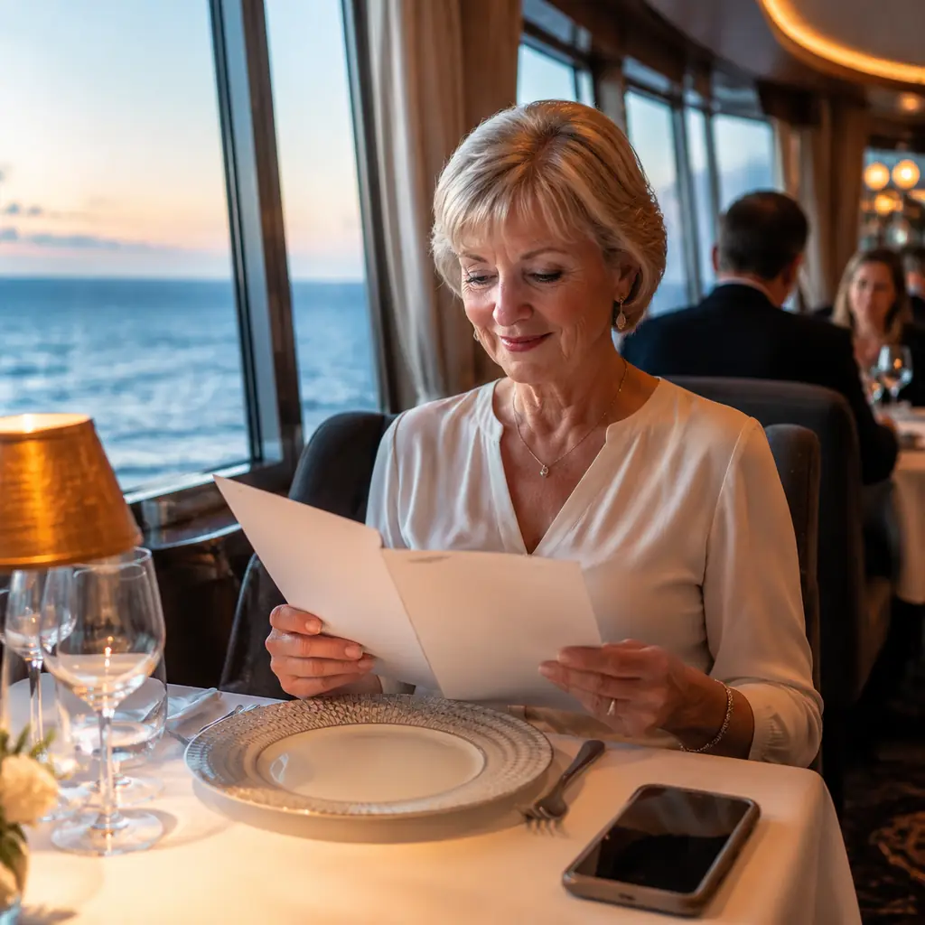 elegant cruise dining table with a mature passenger holding a printed dinner menu while a phone with an unreadable QR sc