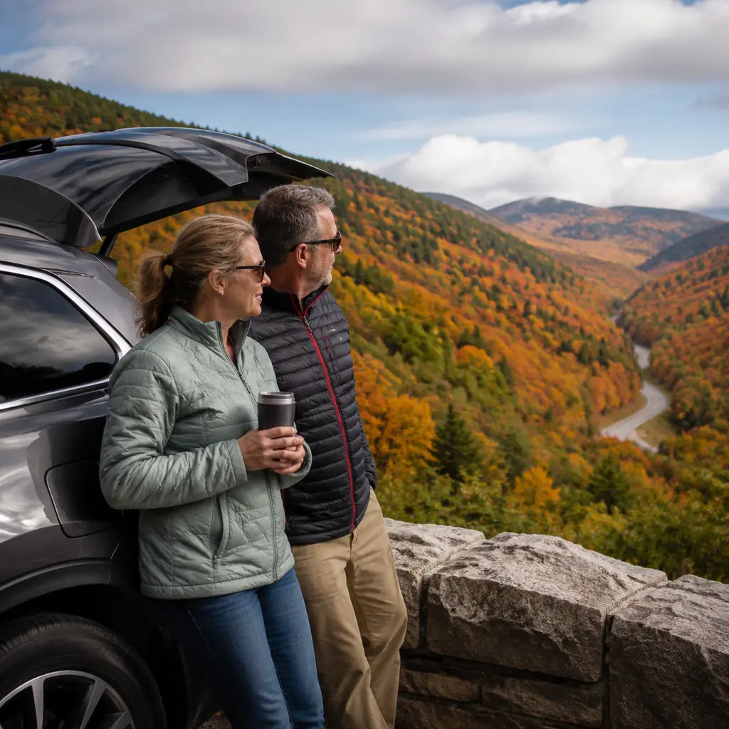 mature couple beside a parked car at a forested Kancamagus Highway overlook during early autumn, realistic travel editor