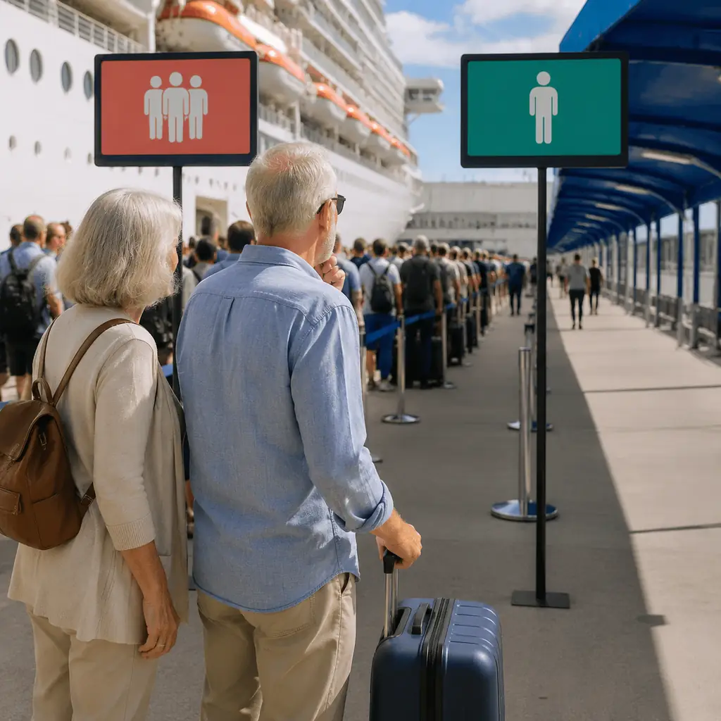 mature cruise couple choosing between a busy early terminal line and a calm later boarding lane, realistic travel editor
