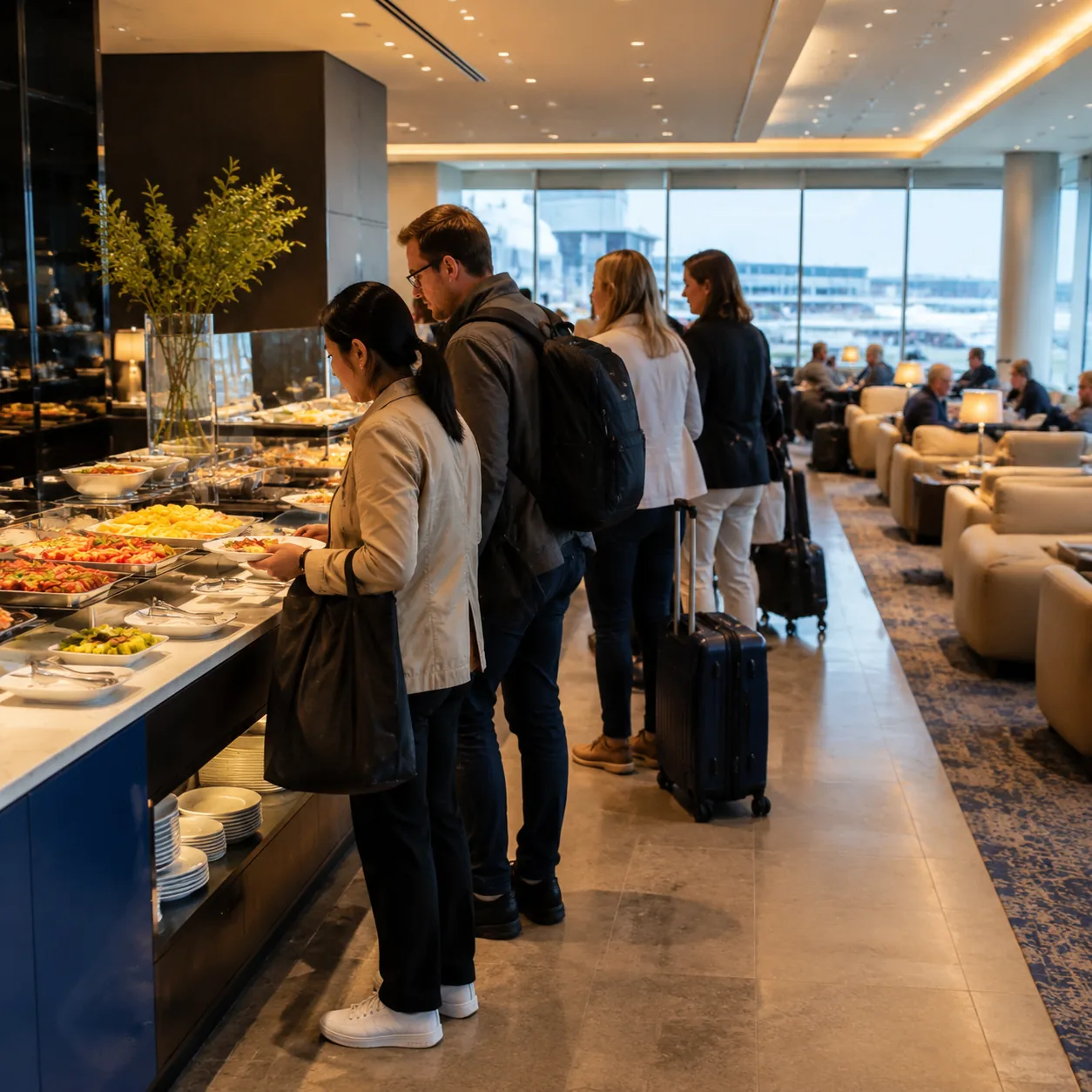 Modern airport lounge buffet area with travelers standing in a short line, simple food trays and packed seating nearby